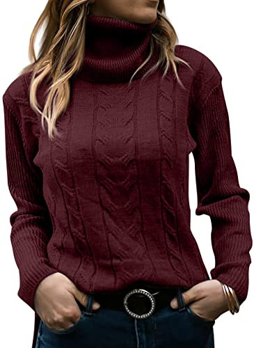 GeGekoko Womens Turtleneck Sweaters Cable Knit Long Sleeve Tops Pullover Soft Jumper Wine