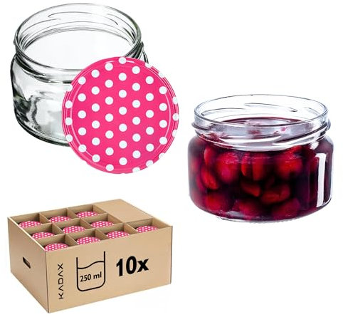 KADAX 10st Einmachgläser 250 ml, Marmeladengläser mit Twist-Off Deckel fi82, Dessertgläser, Luftdicht & Spülmaschinenfest, Dickwandiges Glas, Auswahl an Schraubverschlüssen (Rosa gepunktet)