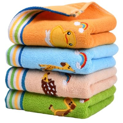 Roseyan Kinderhandtuchset,4 Stück Kinder Baby Cartoon Handtücher,100% Baumwolle Kinder Handtücher Weiche,Superweich Classic Waschlappen Gesichtstücher,Speicheltuch Trocknend (Streifen)