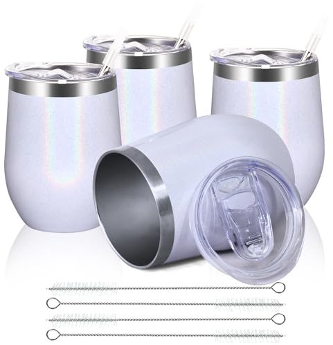 Joymaking 4 Stück Weinbecher Edelstahl, Stemless Weinbecher mit Deckel, Doppelwandige Unbreakable Travel Becher für Milk, Kaffee, Wein, Bier, Champagner, Cocktails, Weiß Regenbogen