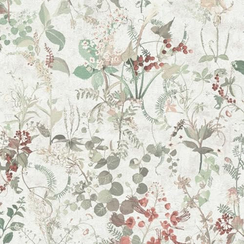 BRICOFLOR Schwedische Tapete mit Blumen in Weiß Grün Rot Vintage Blumentapete skandinavisch ideal für Wohnzimmer und Bad