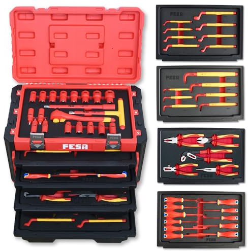 FESA Electrician Insulated Tool Set - 52-Piece 1000V Insulated Tool Kit w/ 5-Tier Toolbox, 11 Screwdrivers, 5 Pliers, 7 Hex Keys, 8 Box End Wrenches & 20-pc Socket Wrench Set - Electrical Hand Tools