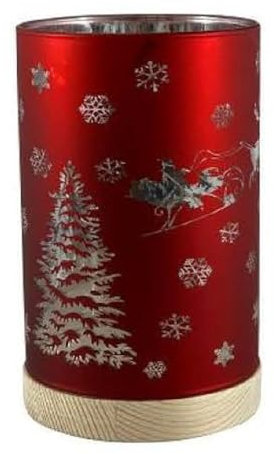 Windlicht Weihnachtsmotiv 10er LED Timer rotes Glas 15x9cm Holzfuß SA301