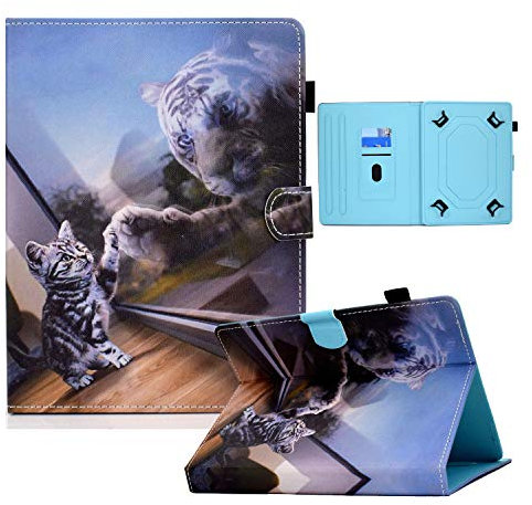 Coque Universelle Compatible avec Blackview Tab 70 WiFi/7 Pro/80/12 Pro, Teclast T50/T45HD/T40HD/P40HD/M50, Étui à Rabat en Cuir PU pour Tablette 10-11 Pouces, Chat et Tigre