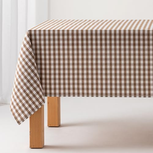 GAMUSI Tischdecke, schmutzabweisend, rechteckig, Vichy-Muster, Baumwolle, wasserdicht, 140 x 240 cm, Taupe
