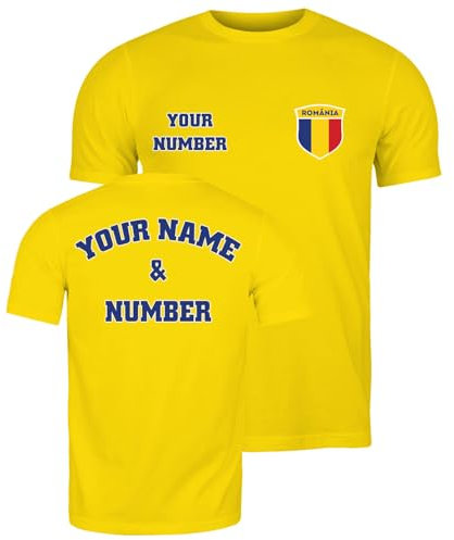 lepni.me Personalisiertes Herren-Fußballtrikot Rumänien-T-Shirt | Name und Nummer | Rumänische Flagge, Abzeichen | Fußball-Europameisterschaft 2024 (XL Gelb Mehrfarben)