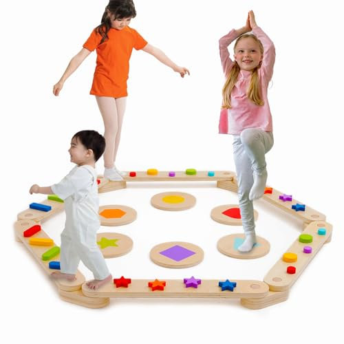 Holz Balancierbalken mit Balanciersteine, Indoor und Outdoor, geeignet für Kinder, frei kombinierbar, Montessori Balance Boards, Gymnastik Hindernis Kurs Spielzeug für Mädchen Jungen