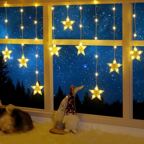 ELKTRY Weihnachtsdeko mit 9 Sterne, 76 LEDs Fensterdeko Stern Innen Batterie, Warmweiß 8 modi Lichterkette Sterne Weihnachten Außen mit Timer für Fenster, Kinderzimmer, Weihnachten, Balkon, Garten