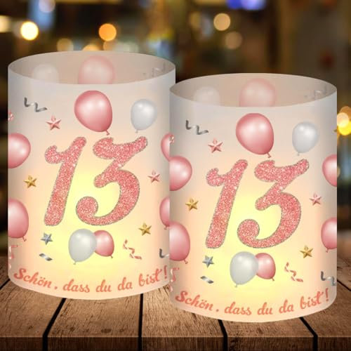 12 Windlicht Tischdeko 13 Geburtstag, Party Deko 13 Geburtstag Mädchen, Rosegold 13 Geburtstag Deko, Schön DASS Du Da Bist, Geeignet für Teelichter oder Kerzen, Happy Birthday Tischdeko