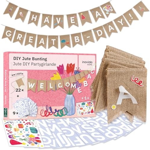 Buchstaben Girlande Stoff mit 76 Buchstaben zum Aufkleben : 4m Jute Girlande Personalisiert – vielseitige Alphabet Wimpelkette für Namen, Happy Birthday, Willkommen Zuhause, Just Married – Party Deko
