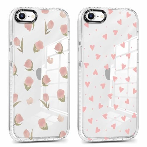 Foonary 2 Pack Clear Print Phone Case for iPhone 8/SE 2022/7/SE 2020 4.7,Silicone with Flowers Love Design Aesthetics Transparent Pattern Cases,Shockproof Bumper Protector Cover for iPhone 7 Floral