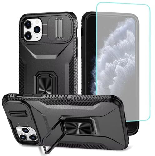 Wanyuexes Case for iPhone 11 Pro Max Case with Tempered Glass Screen Protector and Slide Camera Cover, Rotated Ring Car Mount Holder Shockproof Cover for iPhone 11 Pro Max Black