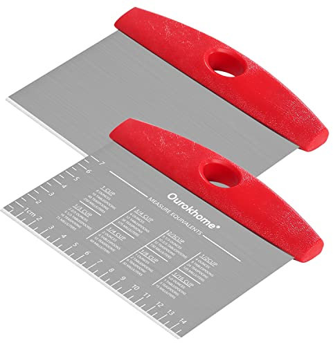 Ourokhome Bench Dough Kitchen Scraper Knife, Stainless Steel Pizza Cutter for Baking, Bread with Anti-Wear Laser-Engraved Measuring Scale and Conversion Chart, Dishwasher Safe, 2 Pack, Red