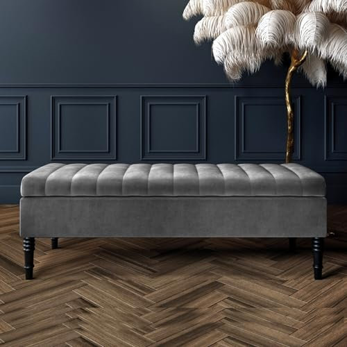 R&M Furnishers Safar Ottoman Storage Bench, Plush Shoe Bench with Storage, Velvet Footstool, Lined Upholstered Coffee Table, End of Bed Bench, Hallway Seating Bench (Grey Velvet, 3ft (90x40x40) CM)