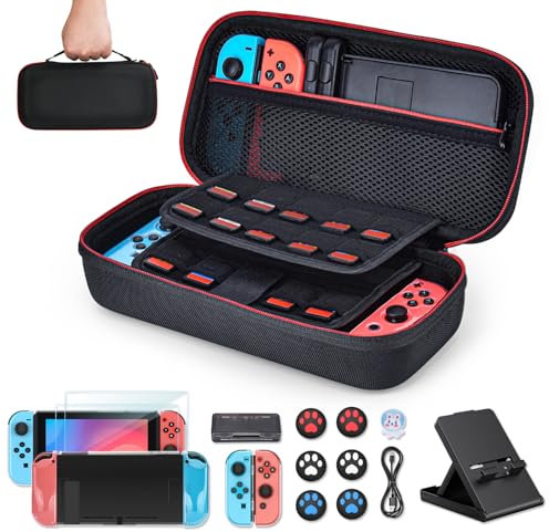 Younik Switch Zubehör Bundle, 16 in 1 Switch-Zubehör-Set enthält Switch Tragetasche, Schutzhülle für Konsole & J-Con, Bildschirmschutz, Verstellbarer Ständer, Switch Game Case und mehr