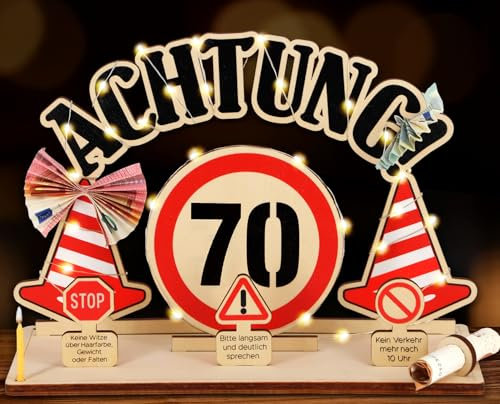 Giftota Lustige 70. Geburtstag Geldgeschenke Holz mit LED Lichterkette - Auffällige Verkehrsschilder - Geschenke zum 70 Geburtstag Mann Frau, 70 Geldgeschenke Verpackung