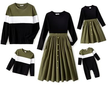 PATPAT Familien Outfit Set - Partnerlook Mutter Tochter Kleidung, Langarm T-Shirt & Mutter Kind Kleider Mama Tochter Kleidung für Herbst & Frühling/Herren, Farbblock, Baby: 12-18 Monate