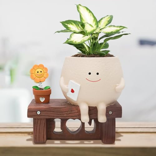 LAUGOKEBE Cute Smiley Face Planter Pot, Unique Sitting Sunflower Flower Pot, Resin Head Planters for Indoor Outdoor Funny Sit Chair Succulent Pots Gift IdeaI for Mother Teacher Appreciation Christmas