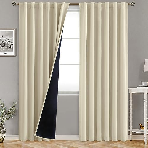BGment 100% Verdunkelungsvorhänge mit Wärmedämmung, Stangentasche und Rückenlasche, doppellagig, Raumverdunkelung, Fensterbehandlungsvorhang für Wohnzimmer, 132 x 203 cm, 2 Paneele, Beige