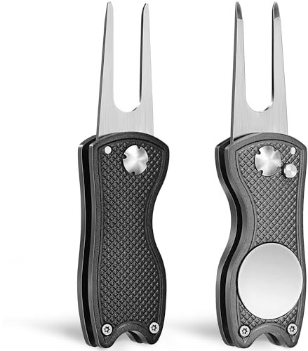 Mile High Life Golf-Pitchgabel mit magnetischem Golfball-Marker, faltbares Pitchgabel aus Metall, mit Pop-Up-Taste, Golfzubehör für Herren, Schwarz und Grau, 2 Stück