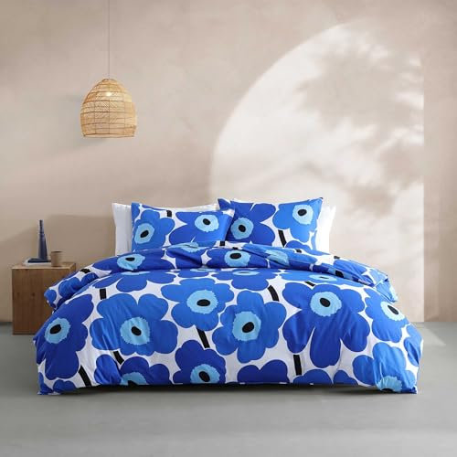 Marimekko Bettwäsche-Set für Doppelbett, Baumwollperkal, wendbar, mit passenden Kissenbezügen, florales Design (Unikko Blue, Full/Queen)