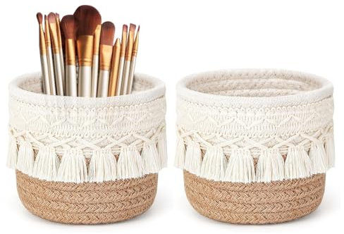 bechoanigel 2 Stück Pinselhalter, Aufbewahrungskorb Geflochten Klein, Boho Schminkpinsel Behälter, Mini Make Up Behälter, Schminktisch Deko, für Organizer Stiften, Bleistiften, Schminkpinseln(Khaki)