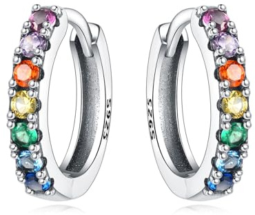 Cycuff 925er Sterlingsilber-Creolen Bunte Zirkonia-Schmuckohrringe für Damen Set Ohrringe Geschenke für Sie (Regenbogen-Ohrringe)