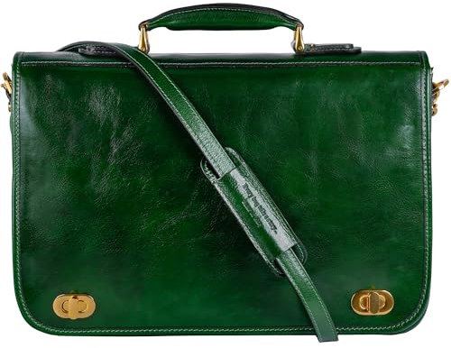 Time Resistance Porte-Documents en Cuir Italien Pleine Fleur pour Hommes Sac à Bandoulière Détachable Fabriqué à la Main pour Ordinateur Portable 15 Pouces (Vert)