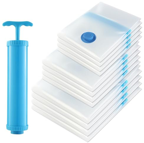 Vakuumbeutel, 12 vakuumbeutel für kleidung, 3 Größen (4+100 x 80, 4+80 x 61, 4+60 x 41) + 1 Vakuum-Handpumpe, vakuumbeutel für bettdecken für die Reise, vacuum bags for clothing zur Aufbewahrung
