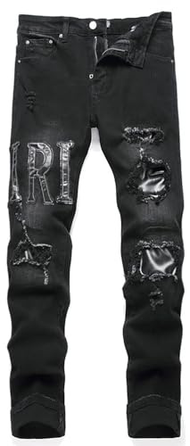 Jeans da Uomo Elasticizzati Strappati Tinta Unita Pantaloni Strappati Pantaloni Stretti per Il Tempo Libero,Nero,32