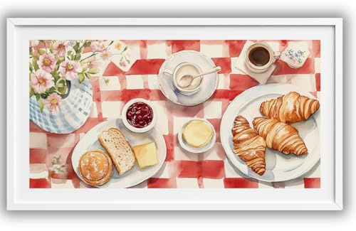 MJ-GRAPHICS® Poster Küche Bild 40x20cm – Croissants Marmelade Butter Kaffee Tischdeko Wandbild Küche Esszimmer französisch Stil Deko rot weiß kariert Wanddeko Kunst OHNE RAHMEN