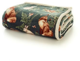 Deyongs Woodland Wildlife Sherpa Fleece Throw 140x180cm – Sage – Reversible 220gsm Printed Flannel with 200gsm Sherpa – Super Soft, Warm Sofa Bed Blanket – Designed in Great Britain