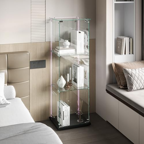 Glasvitrine mit LED-Beleuchtung, Vitrinenschrank mit Schloss, Glasvitrine Staubdicht für Sammlungen, Standvitrine Glasschrank für Wohnzimmer Schlafzimmer Büro (Schwarz+Lichtleiste+1Tür, 3 Schichten)