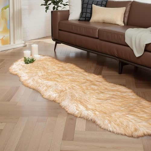 JXLOULAN Faux Lammfell Schaffell Teppich Gradient Braun 60x160 cm, Flauschiger Fell Teppich Wohnzimmer Deko Longhair Weicher für Stühle Sofa Schlafzimmer Kinderzimmer