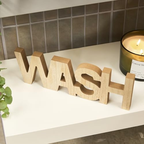 OHS Wooden Wash Bathroom Ornaments Statue Home Sign Bathroom Decor Decorative Word Rustic Ornaments for Shelves Free Standing Spa Shelf Decor, Natural
