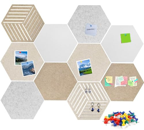 10 Stück Sechseckige Filz Pinnwand mit 35 Pinnnadeln, 30x26cm | Selbstklebende DIY Kork Pinnwand , Sechseckige Korkplatte Pinnwand für Zuhause, Schule, Büro