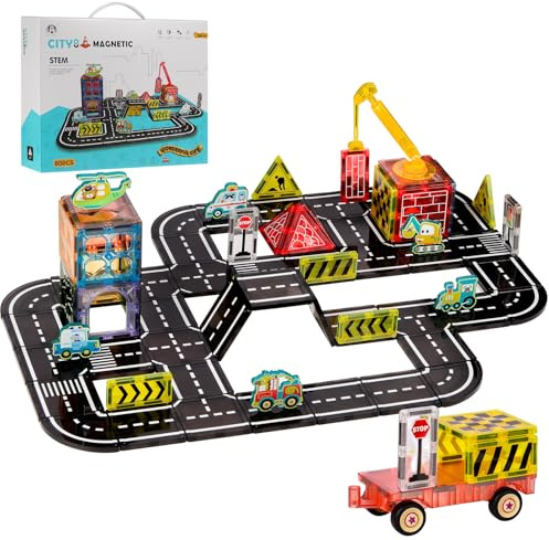 80PCS Magnetische Bausteine Straßenset, 7,5 cm Große Magnetische Bausteine inkl. Flugzeug Auto für Jungen Mädchen 3 4 5 6 7 8 9 10 11 12 Jahre STEM-Konstruktionsspielzeug pädagogisches Geschenk