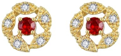 18 Karat (750) Gelbgold Damen Ohrstecker Vintage-Ohrring mit hohlen Blütenblättern, besetzt mit einem runden Rubin (0,17 ct) und einem Diamanten (0,13 ct).