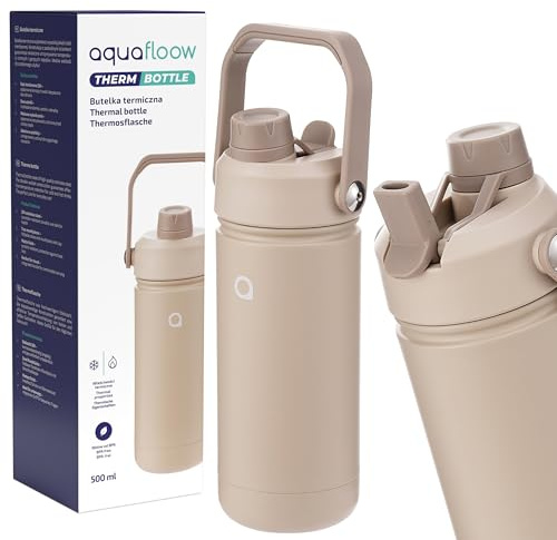Aquafloow Thermosflasche Edelstahl 500ml – Auslaufsicher, mit Strohhalm & 2 Deckeln – BPA-Frei, Vakuum-Isolierte Trinkflasche für Tee & Wasser – Sport, Schule & Outdoor – Beige