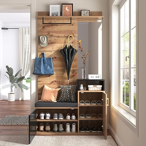 muenfly Ensemble de garde-robe de couloir élégant avec miroir | Armoire à chaussures et banc, garde-robe compacte au design moderne, pour couloir et entrée