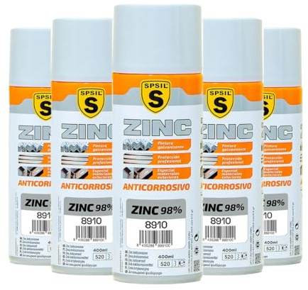 SPSIL Pintura Spray Anticorrosiva Zinc 98% 400ml (pack of 5) - Protección Galvanizante para Metal,Madera y Plástico,Secado Rápido 30 Min