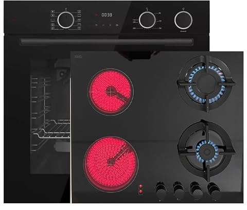 Gasline & Böhme Einbau Backofen Set 60 cm – 73L XXL Garraum, AirFry & Dampfunterstützung, 280°C, Energieklasse A + Gas/Glaskeramik Kochfeld SCHOTT CERAN, 2 Gasbrenner, Schwarz