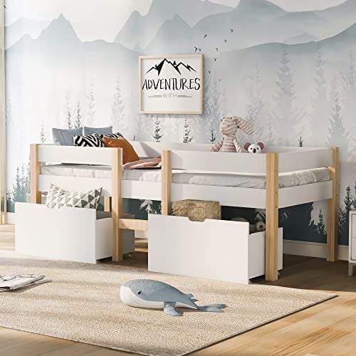 HUQIQWE Loftsäng 90 x 190 cm tillverkad av furu med fallskydd och stege, halvhög säng med ribbotten som ungdomssäng, och sängram, trä för ungdomsrum och små rum