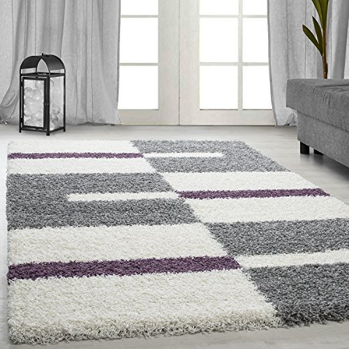 Carpetsale24 Hochflor Teppich 140 x 200 cm Lila-Grau – Weicher Shaggy Flokati im Karierten Design – Vielseitiger Bodenteppich für Wohnzimmer, Schlafzimmer oder Gästezimmer – Pflegeleicht