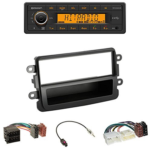 Autoradio Continental TR7412UB-OR Bluetooth, RDS, USB MP3 (ohne CD-Laufwerk) + Radioblende Radio Blende schwarz + ISO Adapter + Antennenadapter Fakra -> DIN für Dacia Dokker (SD) ab 12/2012