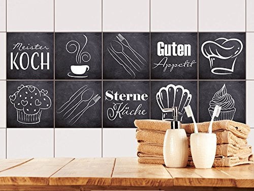 GRAZDesign Fliesenaufkleber Küche Guten Appetit Anthrazit Grau, Klebefolie Klebefliese - 10x10cm / Set 10 Stück