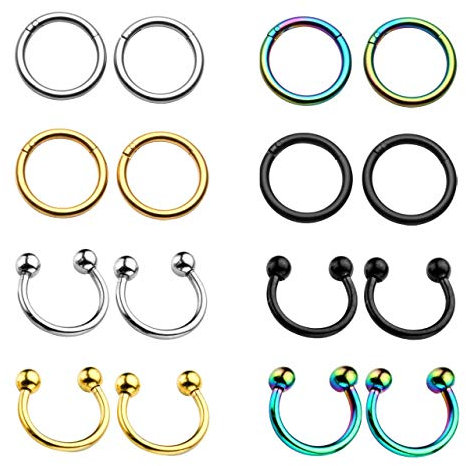 PiercingJ 8 Paare 1.2mm 316L Edelstahl Universal Piercing Ohr Lippen Nase Brust Helix Tragus Septum Ring Hufeisen Circular Barbell Scharnier Clicker, Silber/Gold/Schwarz/Bunt (Innendurchmesser: 8mm)