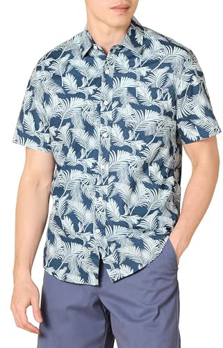 Amazon Essentials Men's Slim-Fit Short-Sleeved Button-Down Printed Shirt, Navy Palm Leaf, L
