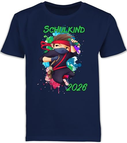 Kinder T-Shirt Jungen Schulanfang - Einschulung - Cooler Ninja Junge 2026-128 (7/8 Jahre) - Navy Blau - Tshirt Schulkind Outfit 1.Schultag schulanfänger grundschule 2023 kindershirts t Shirt