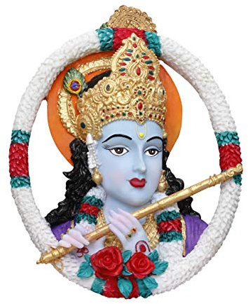 Sri Krishna Culture - Handgefertigte große Flöte Krishna (Wandbehang), runde Form (20,3 cm App), Hindu-Gott und Göttin Idol/Statue/Murti/Figur, Polysterharz, mehrfarbig